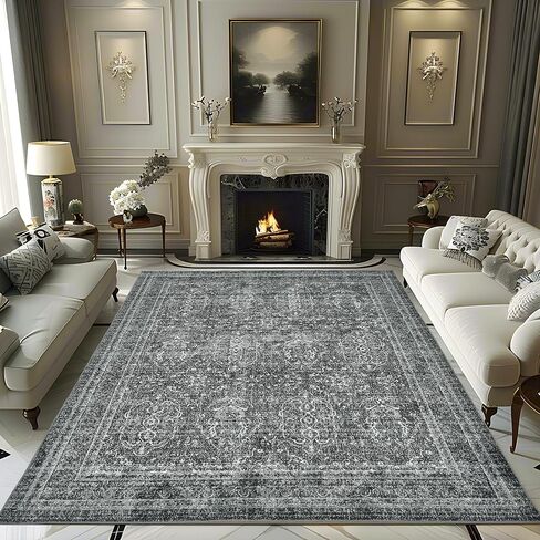 Andency 5x7 Area Rug for Living Room, Dark Grey Washable Vintage Boho Bedroom Rug, Non-Slip Stain Resistant Door Mat, Retro Printed Indoor Home Decor Rug for Dining Room Kitchen in Saudi Arabia