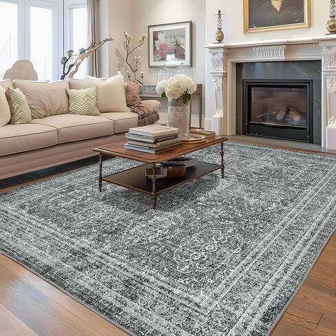 Andency 5x7 Area Rug for Living Room, Dark Grey Washable Vintage Boho Bedroom Rug, Non-Slip Stain Resistant Door Mat, Retro Printed Indoor Home Decor Rug for Dining Room Kitchen in Saudi Arabia