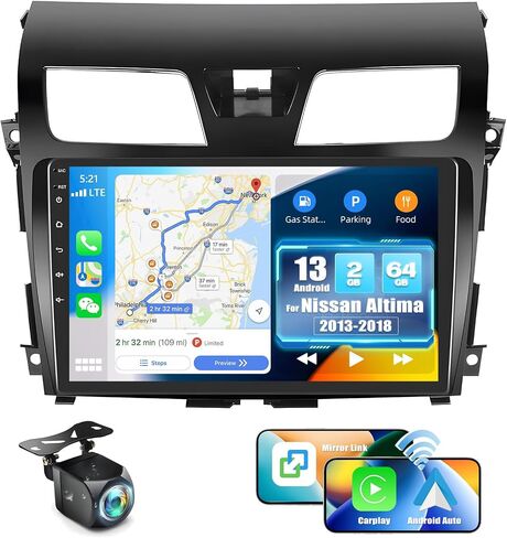 ستيريو سيارة 2+64G Android 13 لسيارة Nissan Altima 2013-2018 مع Carplay Android Auto، راديو سيارة بشاشة لمس 10.1 بوصة مع وصلة مرآة، WiFi، ملاحة GPS، بلوتوث، راديو FM/RDS، كاميرا خلفية SWC+AHD in Saudi Arabia