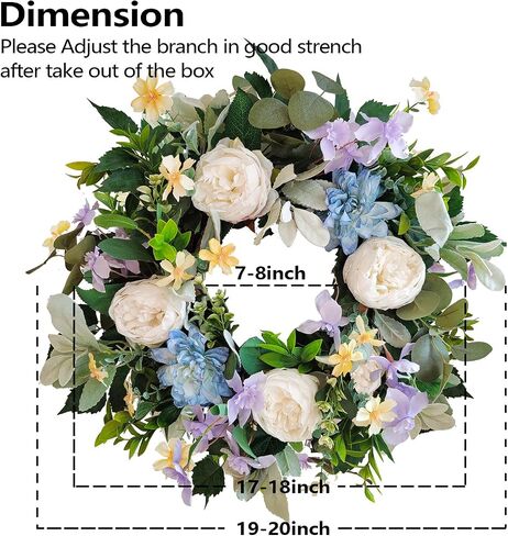 WANNA-CUL 20 Inch Spring Wreath for Front Door Decor with White Rose Floral and Watercolor Blue Peony Flower for Wedding or Home Decor in Saudi Arabia