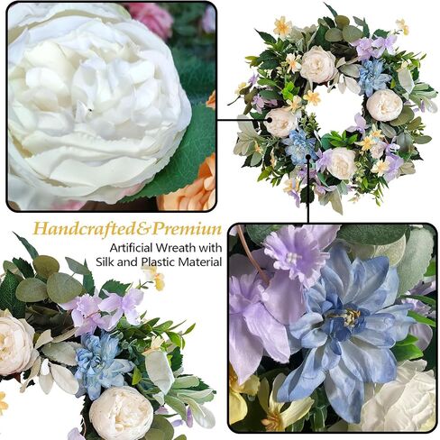 WANNA-CUL 20 Inch Spring Wreath for Front Door Decor with White Rose Floral and Watercolor Blue Peony Flower for Wedding or Home Decor in Saudi Arabia