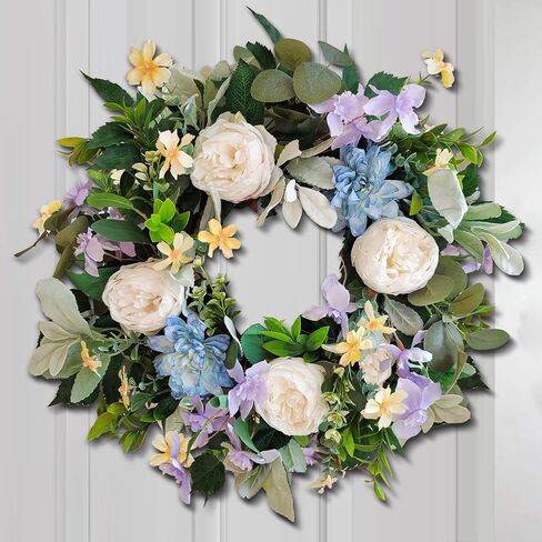 WANNA-CUL 20 Inch Spring Wreath for Front Door Decor with White Rose Floral and Watercolor Blue Peony Flower for Wedding or Home Decor in Saudi Arabia