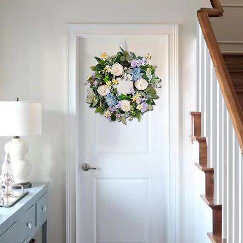 WANNA-CUL 20 Inch Spring Wreath for Front Door Decor with White Rose Floral and Watercolor Blue Peony Flower for Wedding or Home Decor in Saudi Arabia