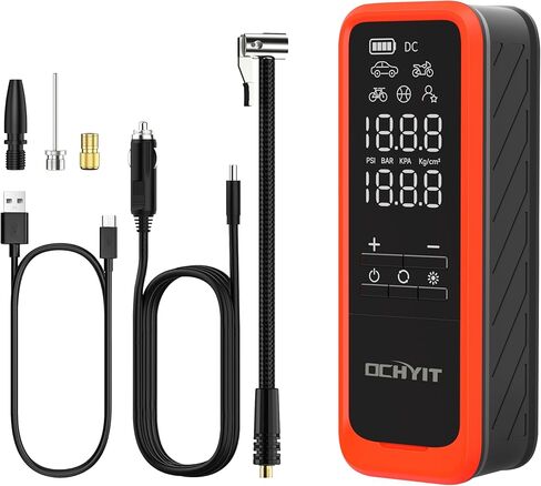 ضاغط هواء محمول منفاخ الإطارات، مضخة هواء لاسلكية محمولة بقوة 160 رطل لكل بوصة مربعة من OCHYIT مع 8000 مللي أمبير في الساعة و12 فولت تيار مستمر مضخة إطار إمداد طاقة مزدوجة للسيارة والدراجة النارية in Kuwait
