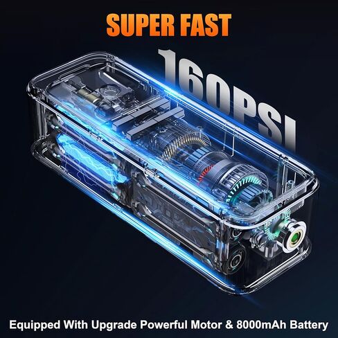 ضاغط هواء محمول منفاخ الإطارات، مضخة هواء لاسلكية محمولة بقوة 160 رطل لكل بوصة مربعة من OCHYIT مع 8000 مللي أمبير في الساعة و12 فولت تيار مستمر مضخة إطار إمداد طاقة مزدوجة للسيارة والدراجة النارية in Kuwait