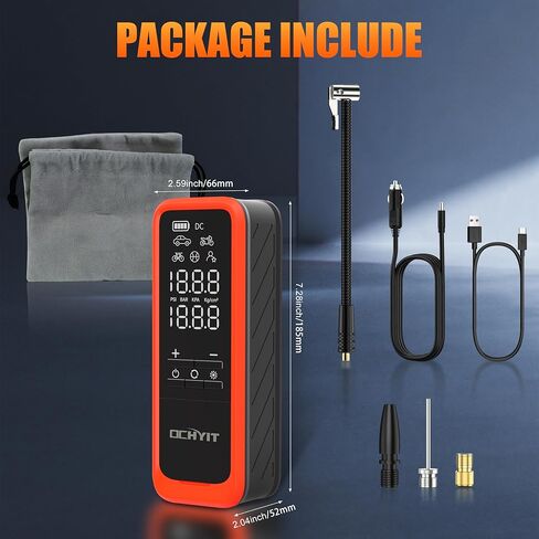 ضاغط هواء محمول منفاخ الإطارات، مضخة هواء لاسلكية محمولة بقوة 160 رطل لكل بوصة مربعة من OCHYIT مع 8000 مللي أمبير في الساعة و12 فولت تيار مستمر مضخة إطار إمداد طاقة مزدوجة للسيارة والدراجة النارية in Kuwait