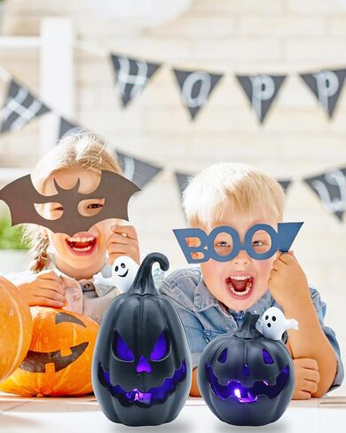 2PCS Light Up Jack-O-Lanterns Pumpkin Decor with White Ghost Black Spooky Face Halloween Pumpkin Halloween Decorations for Table Party Supplies Favors in Saudi Arabia