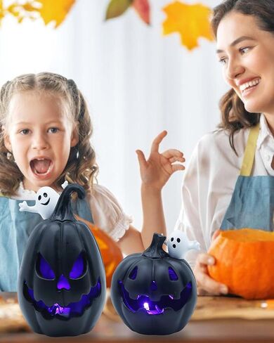 2PCS Light Up Jack-O-Lanterns Pumpkin Decor with White Ghost Black Spooky Face Halloween Pumpkin Halloween Decorations for Table Party Supplies Favors in Saudi Arabia