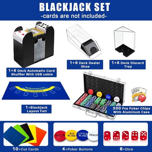 Aoriher Blackjack Casino Set, Include 300 Poker Chips, 10 Cut Cards, 5 Dice, Double Sided Casino Felt, 1 Shuffler, 6 Deck Dealer Shoe, Discard Holder Tray, 4 Casino Buttons, and Aluminum Case (Blue) in Saudi Arabia
