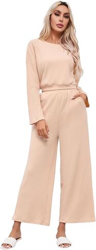 KOJOOIN Women’s Two Piece Outfits Long Sleeve Ribbed Top Wide Leg Pants Knit Sweatsuit Loungewear Sweatsuit Set Tracksuit in Saudi Arabia