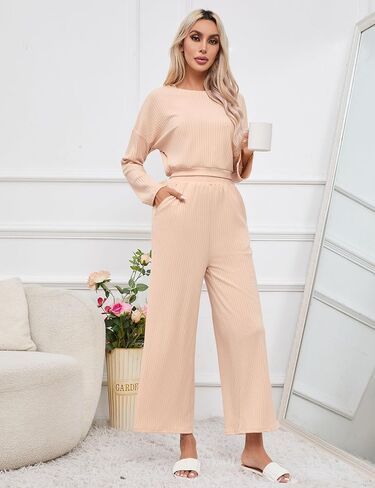 KOJOOIN Women’s Two Piece Outfits Long Sleeve Ribbed Top Wide Leg Pants Knit Sweatsuit Loungewear Sweatsuit Set Tracksuit in Saudi Arabia