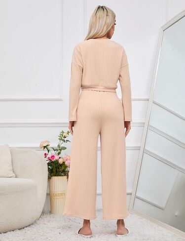 KOJOOIN Women’s Two Piece Outfits Long Sleeve Ribbed Top Wide Leg Pants Knit Sweatsuit Loungewear Sweatsuit Set Tracksuit in Saudi Arabia