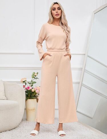 KOJOOIN Women’s Two Piece Outfits Long Sleeve Ribbed Top Wide Leg Pants Knit Sweatsuit Loungewear Sweatsuit Set Tracksuit in Saudi Arabia