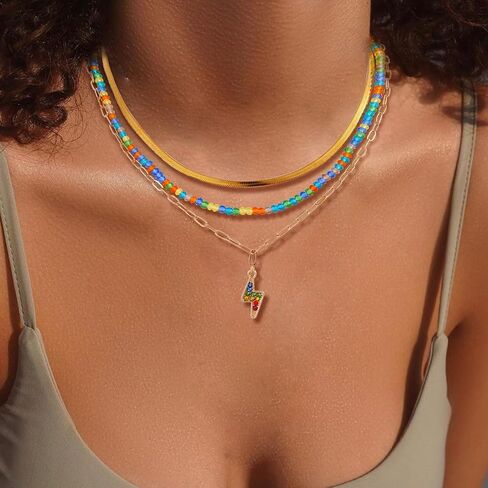 Boho Beaded Necklace Layered Pendant Necklace Natural Stone Handmade Necklace Jewelry Gifts for Women Girls in Kuwait