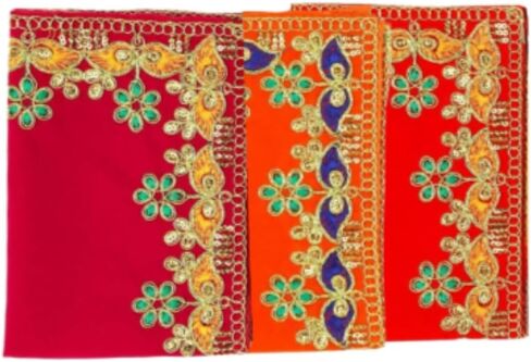 Set of 3 Mat Aasan Velvet Pooja Cloth Aasan Decorative Cloth (Size:-13 Inches X 9 Inches) for Multipurpose Indian Traditional Pooja Festival Decorations Item and Pooja Article Laxmi (Red+Pink+Orange) in Saudi Arabia