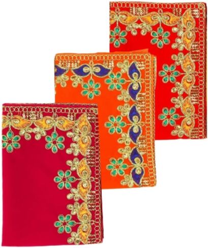 Set of 3 Mat Aasan Velvet Pooja Cloth Aasan Decorative Cloth (Size:-13 Inches X 9 Inches) for Multipurpose Indian Traditional Pooja Festival Decorations Item and Pooja Article Laxmi (Red+Pink+Orange) in Saudi Arabia