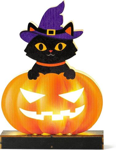 WATINC Wooden Halloween Tabletop Decoration, Indoor Pumpkin Lights, Jack O Lanterns Light Centerpiece, Outdoor Black Cat Sit on Pumpkins with Wizard Hat Happy Halloween Trick or Treat Party Decor in Saudi Arabia