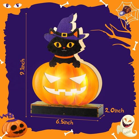 WATINC Wooden Halloween Tabletop Decoration, Indoor Pumpkin Lights, Jack O Lanterns Light Centerpiece, Outdoor Black Cat Sit on Pumpkins with Wizard Hat Happy Halloween Trick or Treat Party Decor in Saudi Arabia