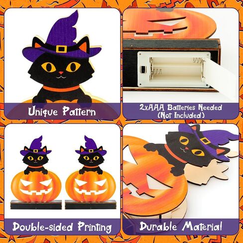 WATINC Wooden Halloween Tabletop Decoration, Indoor Pumpkin Lights, Jack O Lanterns Light Centerpiece, Outdoor Black Cat Sit on Pumpkins with Wizard Hat Happy Halloween Trick or Treat Party Decor in Saudi Arabia