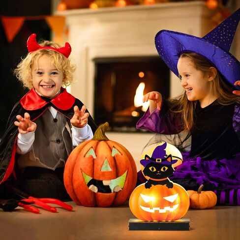 WATINC Wooden Halloween Tabletop Decoration, Indoor Pumpkin Lights, Jack O Lanterns Light Centerpiece, Outdoor Black Cat Sit on Pumpkins with Wizard Hat Happy Halloween Trick or Treat Party Decor in Saudi Arabia