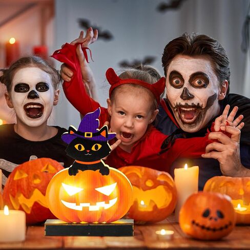 WATINC Wooden Halloween Tabletop Decoration, Indoor Pumpkin Lights, Jack O Lanterns Light Centerpiece, Outdoor Black Cat Sit on Pumpkins with Wizard Hat Happy Halloween Trick or Treat Party Decor in Saudi Arabia