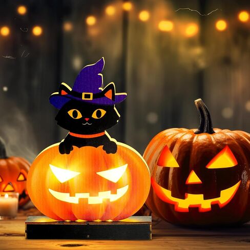 WATINC Wooden Halloween Tabletop Decoration, Indoor Pumpkin Lights, Jack O Lanterns Light Centerpiece, Outdoor Black Cat Sit on Pumpkins with Wizard Hat Happy Halloween Trick or Treat Party Decor in Saudi Arabia