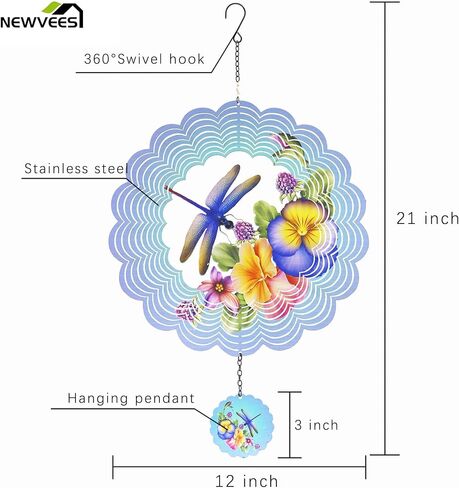 دوارات الرياح المعدنية اليعسوب - هدايا للنساء والأم والجدة والزوجة، دوارة الرياح المعلقة للديكورات الخارجية والداخلية، بعرض 30.48 سم، وطول 53.34 سم، دوارة الرياح لهدايا زينة عيد الميلاد in Kuwait