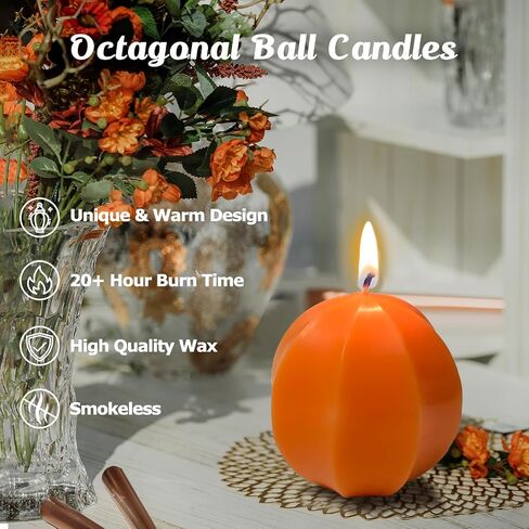 2 Pack Orange Pillar Candles, Octagonal Ball Candles for Wedding Dinner Fall Harvest Halloween and Home Decor, Dripless Smokeless and Clean Burning in Saudi Arabia