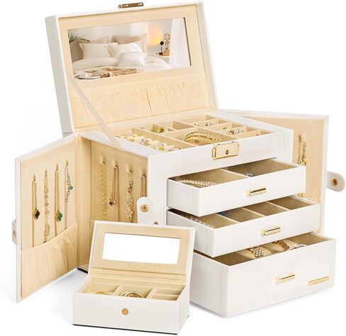 Homde Jewelry Box for Women Girls with Small Travel Case Mirror Necklace Ring Earrings Organizer (White + Gold) in Kuwait