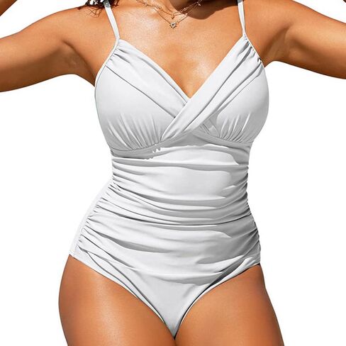 Women One Piece Suspender Swimsuit Cross Pleated Sexy Solid Beach Party Swimwear in Kuwait