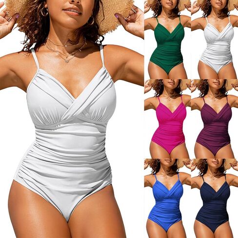 Women One Piece Suspender Swimsuit Cross Pleated Sexy Solid Beach Party Swimwear in Kuwait