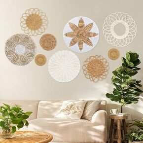 DETENE Set of 7 Boho Wall Decor Rattan Flower Wall Decor Flat Woven Basket Wall Hanging Decor Basket Wall Decor Boho Wall Art for Living Rooms Farmhouse Nursery(brown-B)