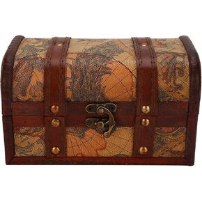 Vintage Wood Box, Wooden Keepsake Box, Small European Style Vintage Wood Jewelry Storage Case Handmade Treasure Chest with Alloy Hinge(Map)
