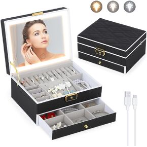 Jewelry Box with LED Mirror for Women Girls Two Layers Jewelry Organizer Boxes PU Leather Jewelry Storage Case for Earrings Bracelets Rings Watches (White)