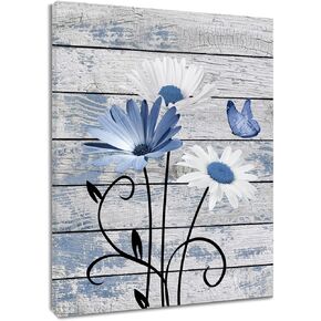 HVEST Farmhouse Floral Wall Art for Living Room, Blue and White Daisy Flower and Butterfly on Rustic Wood Board Canvas Wall Art Framed Artwork Ready to Hang for Bathroom Bedroom Decor, 16L X 12W