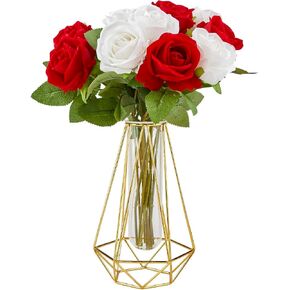 Fake Flower 12 White and red Velvet Roses Arrangement in vase with Aroma Fragrance | Artificial Flower Suitable for Any Indoor Decoration | Faux Flower in vase for Home and Office Decor