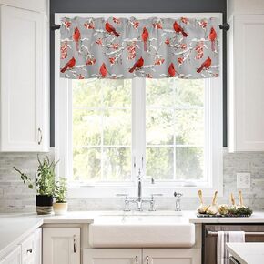 Valance Curtains for Kitchen 54x18Inch, Christmas Red Cardinal Short Curtain Rod Pocket for Bedroom Living Room,Single Panel Decor Valances for Windows, Winter Snow