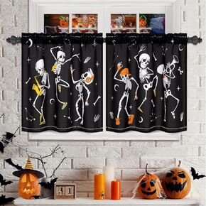 ASPMIZ Halloween ستائر قصيرة للنوافذ، ستائر نصف نافذة للرقص على شكل هيكل عظمي للمطبخ، ستارة نافذة علوية صغيرة مرعبة لتزيين حفلات الهالوين، لوحتان جيب قضيب، 26 بوصة × 24 بوصة، أسود in Kuwait