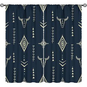 Western Curtains Bull Skull Boho Aesthetic Aztec Art Print for Bedroom Living Room Kitchen Decor Rod Pocket Blackout Window Drape 42x54in