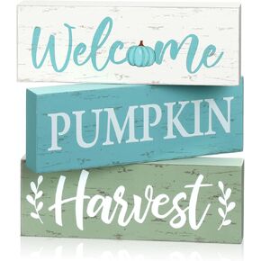 Geetery 3 Pcs Fall Decor, Thanksgiving Table Centerpiece, Welcome Pumpkin Harvest Wooden Block Sign Fall Decorations Farmhouse Autumn Decor for Home Table Office Room