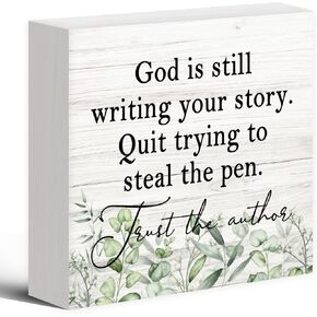 God Is Still Writing Your Story,Wood Box Sign Desk Decor, Christian Scripture Bible Verse Prayer Room Decor Wooden Block Sign Decorations for Home Office Wall Tabletop Shelf Decor