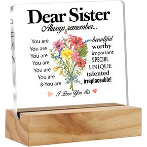 Sister Gifts From Sisters Brother, Sister Gifts for Birthday Christmas, Dear Sister Clear Desk Sign with Saying Floral Sister Quote Acrylic Sign