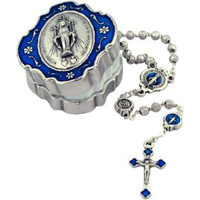 Small Rosary Gift Set | Miraculous Medal Centerpiece with Blue Enamel and Rosette Beads | Comes with Decorative Case