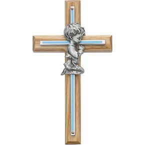 Oak Cross Blue Pink Pewter Praying Boy Girl Baptism Christening First Communion Religious Gift (Blue)