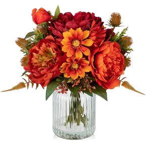 Fake Peony Flowers in Vase Fall Table Centerpiece Faux Floral Arrangements Centerpiece Autumn Artificial Flowers with Vase Fall Flower Centerpieces for Tables Orange Silk Flowers Arrangement in Vase