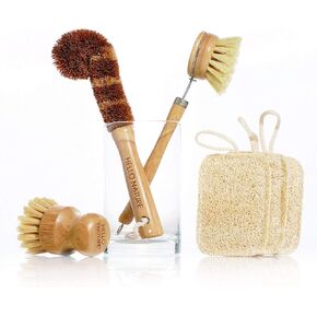 Plant-Based 6pcs Kitchen Brush Set by HELLO NATURE, Sustainable & Biodegradable Natural Fibre Bamboo Dish Brush,Bottle Brush,Pot Brush & 3 Natural Loofah Sponges, Zero-Waste,Plastic Free Kitchen Set