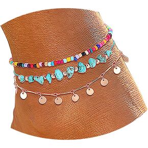 YAHPERN Anklets For Women Girls Color Beads Turquoise Drop Sequin Charm Adjustable Ankle Bracelets Set Boho Multilayer Beach Foot Jewelry