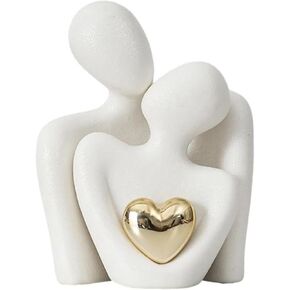Ceramic Couple Figurine - Elegant Mini Statue with White Heart Décor and Ceramic Embracing Ornament for Romantic Home Accent and Stylish Living Room Decoration