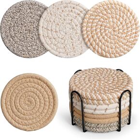 Drink Coasters with Holder, 4 Colors Absorbent Coasters, Cotton Woven Coasters Set of 8 for Table Protection, Home Decor, Housewarming Gift