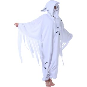 DELEY Women Men Halloween Onesie Adult Pajamas Animal Cosplay Costume Homewear Sleepwear Jumpsuit,White Ghost